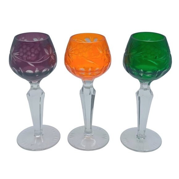 Lausitzer Grapes & Vines Cut To Clear Cordial Glasses Set Of 3 Emerald Green Ame - Picture 2 of 12